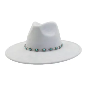 Grey suede fedora hat with turquoise chain detail, wide flat brim jazz hat for women.