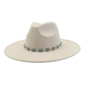 Boho style beige suede fedora hat with turquoise stone metal chain wide flat brim jazz cap