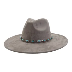Ethnic style soft suede wide brim fedora hat with turquoise chain detail for women and men.