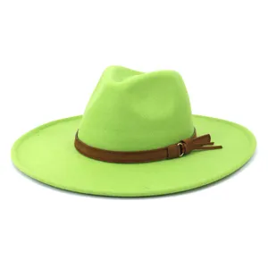 Chapeau fedora a large bord vert pour femmes et hommes, chapeau jazz en laine elegante avec ceinture.