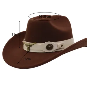 Brown wool western cowboy hat with white leather band and bull skull metal ornament