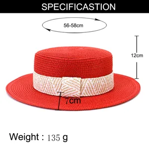 Red flat top straw hat detail, 56-58cm head circumference, 12cm height, 7cm wide brim.