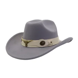 Detailed view of the grey felt cowboy hat with beige band and vintage metal bull decoration.