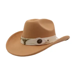 Classic western cowboy hat for men and women, stylish felt hat with metal bull head decor.