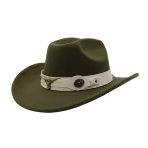 Detailed view of dark green felt cowboy hat featuring white leather band and vintage metal bull.