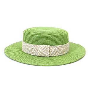 Green flat top straw hat for women men sun protection outdoor travel beach summer sun hat