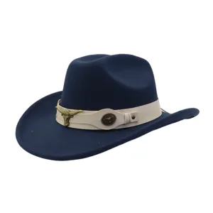 Navy blue felt western cowboy hat with beige leather band and metal bull decor for autumn winter.