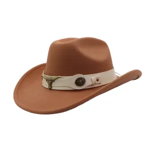 Brown wool cowboy hat detail, retro metal bull skull decoration, wide brim western style jazz hat.