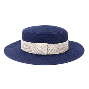 Blue flat top straw hat with woven band summer sun beach hat casual women men outdoor
