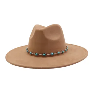 Ethnic soft suede woolen jazz hat with turquoise chain wide brim fedora winter sun hat