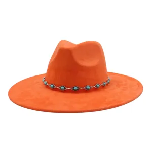 Orange suede fedora hat with turquoise chain band boho flat brim jazz hat for women men
