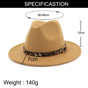 Sombrero fedora de fieltro de lana con cinturón de leopardo y hebilla, talla 56-58cm.