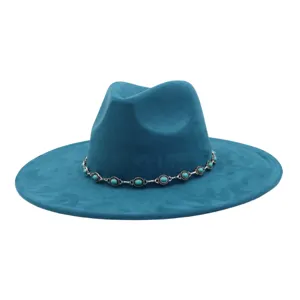 Turquoise wide brim fedora hat with silver chain and turquoise beads, soft suede look jazz cap.