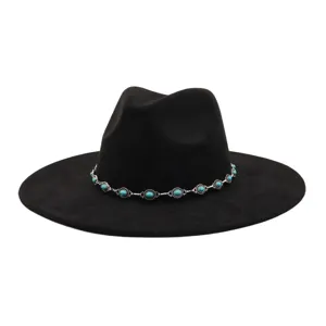 Black faux suede woolen jazz hat with turquoise metal chain, stylish wide flat brim retro design.