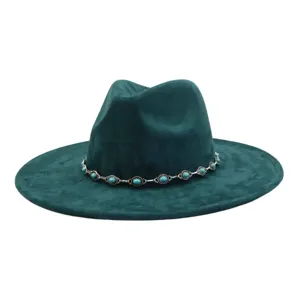 Dark green suede fedora hat detail featuring intricate silver turquoise chain band close-up view
