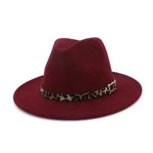 Sombrero fedora burdeos con correa de leopardo y hebilla dorada elegante sombrero de lana de invierno
