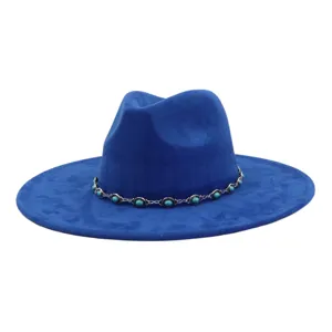 Blue suede fedora hat with silver turquoise chain western cowboy jazz hat for women