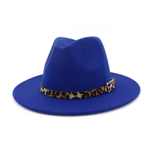 Sombrero fedora de fieltro azul para mujer con cinta de leopardo y hebilla metálica elegante