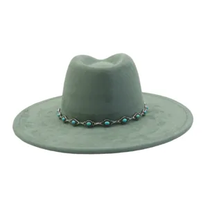 Women boho wide brim felt fedora hat with turquoise chain band vintage jazz cap green