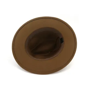 Vista detallada del sombrero fedora de fieltro de lana de ala ancha marron para mujer interior.