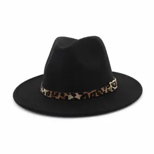 Sombrero Fedora para Mujer de Ala Ancha Plana de Tejido de Lana Fieltro Sombrero Jazz Cinturón Leopardo Accesorios de Moda