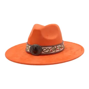 Orange Suede Fedora Hat Women Men Wide Brim Jazz Hat Ethnic Vintage Hat With Buckle Band