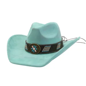 Mint green soft suede western cowboy hat with ethnic beaded leather band and floral concho.