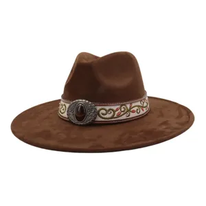 Brown suede fedora hat with wide brim, ethnic embroidered band and vintage buckle.