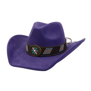 Detailed view of a purple suede western cowboy hat with ethnic beaded band and metal concho.