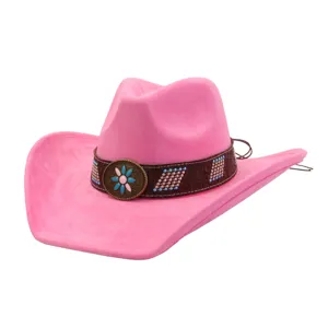 Pink faux suede cowboy hat with vintage brown decorative band and flower metal buckle.