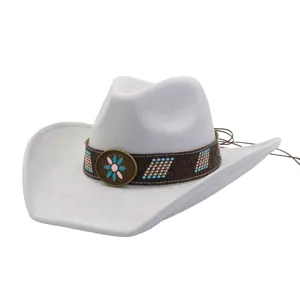 Stylish grey suede cowboy hat with ethnic boho band, wide brim jazz hat for autumn and winter.