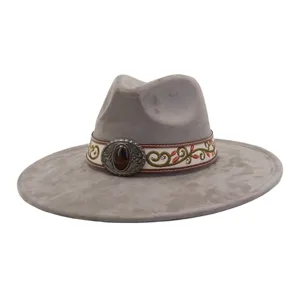 Detailed shot of grey suede wide-brim fedora hat with ethnic embroidery belt and retro buckle.