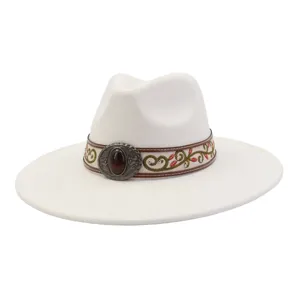 Ethnic style soft suede flat brim jazz hat with intricate embroidered band and vintage metal buckle.