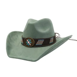 Sage green suede cowboy hat with beaded leather band, vintage western fedora detail.
