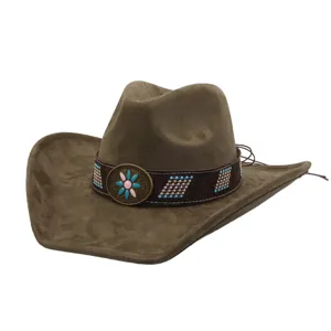 Close-up detail of brown suede western cowboy hat with ethnic beaded band and metal buckle.