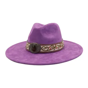 Purple suede wide brim jazz hat with embroidered band and vintage gemstone buckle for autumn and winter