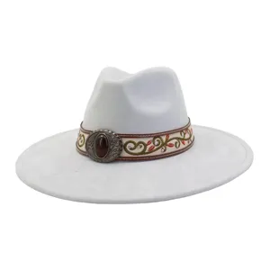 Detailed view of the light grey suede fedora hat featuring an embroidered decorative band.
