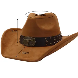 Sombrero de vaquero de ante suave estilo occidental con hebilla de cráneo de toro