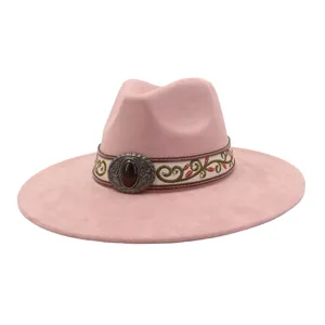 Pink western jazz hat featuring a vintage embroidered band with a statement metal buckle detail.
