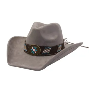 Gray suede cowboy hat featuring a western wide brim and vintage floral band for autumn