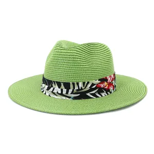 Hellgrüner Strohhut Fedora für Sommerurlaub am Strand, stilvoller Sonnenschutz Hut.