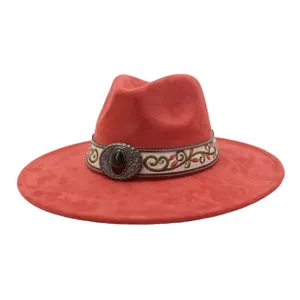 Red Suede Fedora Hat Wide Flat Brim Jazz Hat Ethnic Style Autumn Winter Women Men