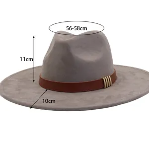 Grey suede fedora hat with brown belt and metal decor, showing clear size specifications.