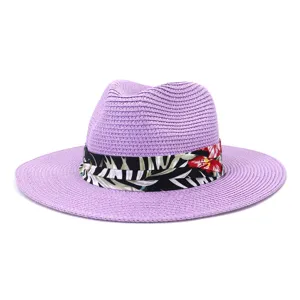 Lila Strohhut Fedora Sonnenhut mit schwarzem Blumenband für Strand Sommer Urlaub stilvoll
