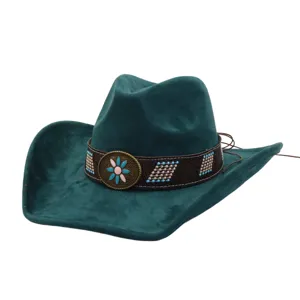 Dark green suede cowboy hat detail, ethnic beaded leather band, metal flower buckle.