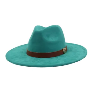 Teal wide brim fedora hat detail, soft faux suede texture with brown belt and metal buckle.
