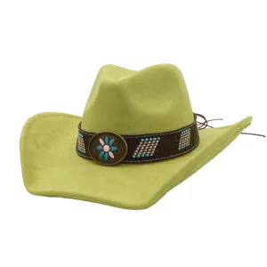 Faux suede western cowboy hat with ethnic leather band and decorative metal concho details.