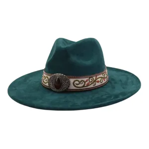 Dark green suede wide brim jazz hat with vintage embroidery band and gemstone buckle detail.