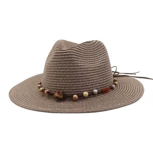 Classic summer straw sun hat with beaded rope band for beach outdoor travel and casual wear.