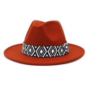Sombrero Fedora de ala ancha unisex otono invierno de lana fieltro con cinta geometrica estilo